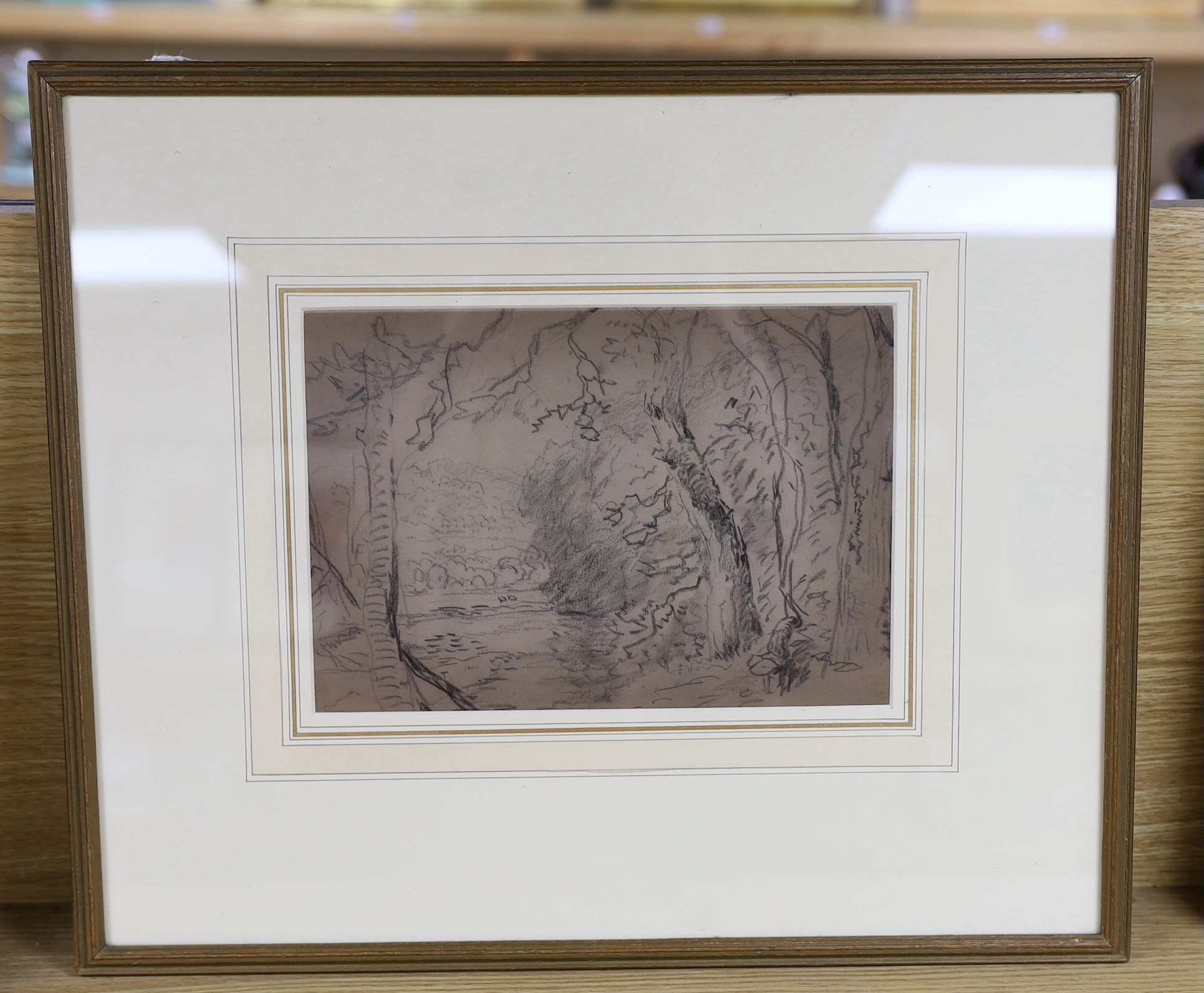 John Linnell (1792-1882), charcoal on paper, River landscape, another verso, 18 x 26cm